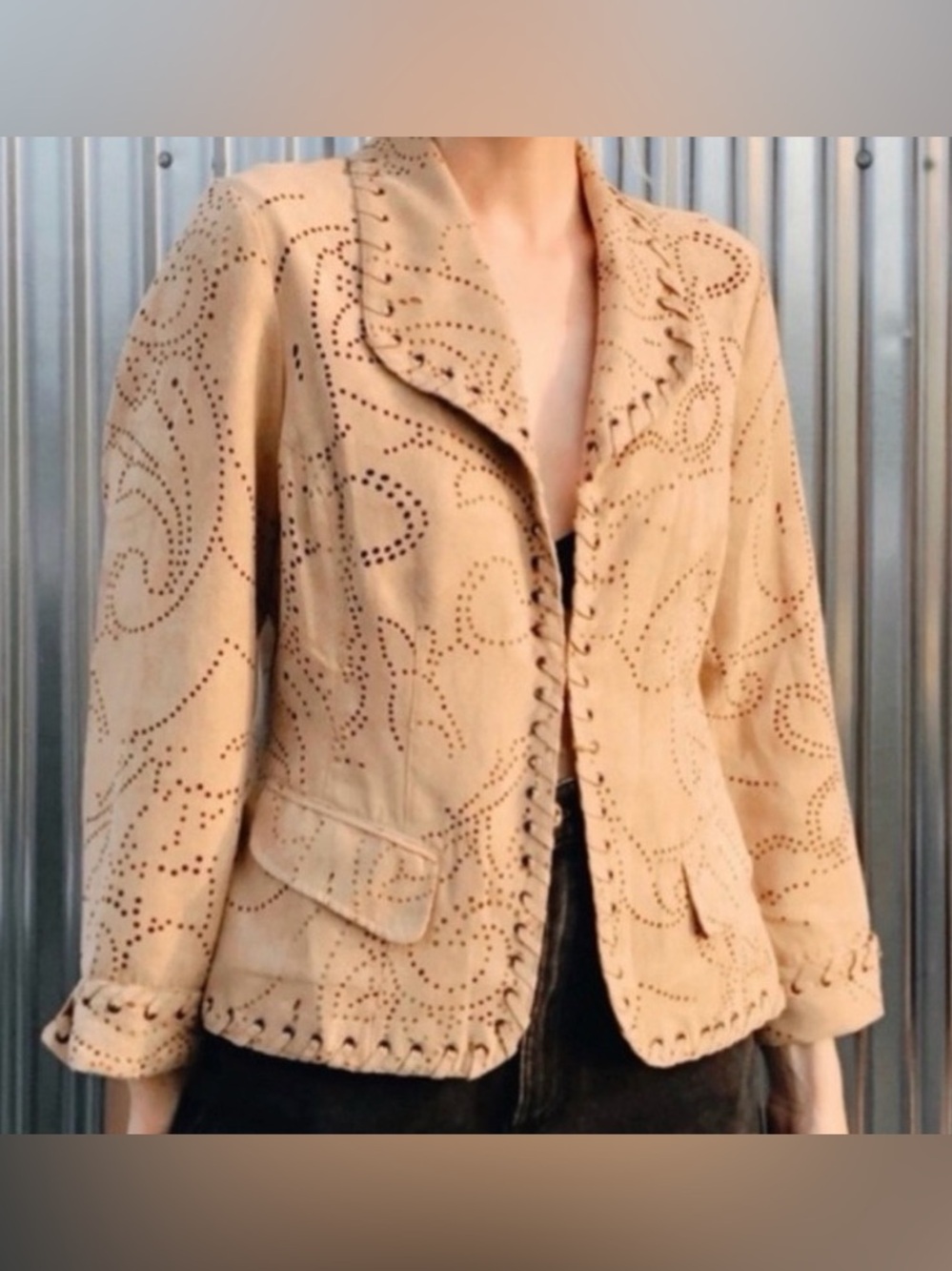 Chico’s Vegan Suede Perforated Western Jacket Sz 2 Festival Boho